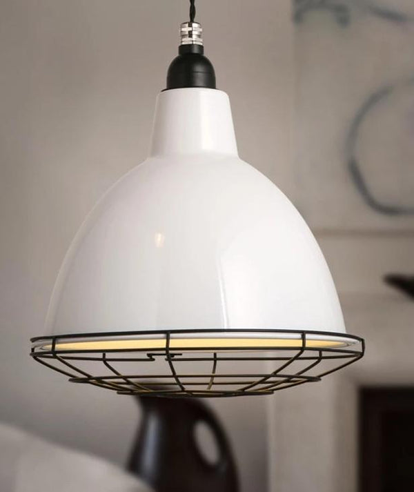 white modern industrial pendant light with black grill