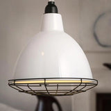 white modern industrial pendant light with black grill