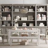 farm house grey dining room with wood bead lamp