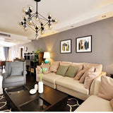 modern living room with black chandelier