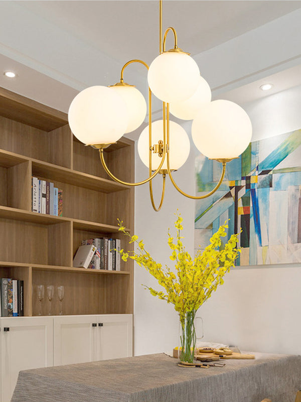 Gold and frosted white multi globe chandelier