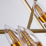 Big squared golden chandelier for master bedroom detail