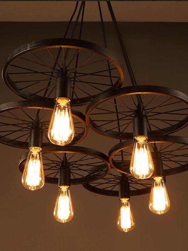 black iron bike wheel chandelier with edison bulb
