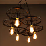 black iron bike wheel chandelier with edison bulb