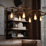 black iron 6 bike wheel chandelier with edison bulb