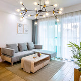 black and gold molecular chandelier on living room
